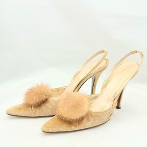 Christian Dior Taupe Suede Slingback Heels w/ Pom Poms – Size 38 EUR